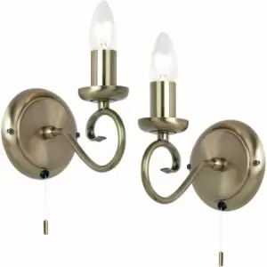 Loops - 2 pack Dimmable LED Wall Light Antique Brass Classic Lounge Lamp Bulb Fitting