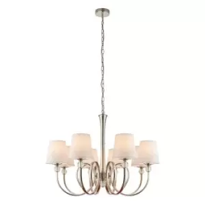 Fabia 8 Light Multi Arm Shade Pendant Polished Nickel Plate, Vintage White Silk, E14