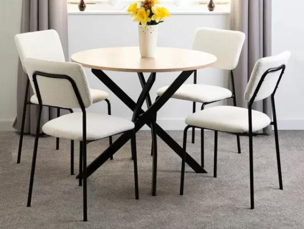 Seconique Sheldon Sonoma Oak Dining Table and 4 Ivory Boucle Fabric Chairs