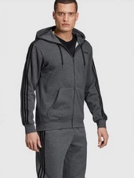 adidas Essential 3-Stripe Full Zip Hoodie - Grey Heather, Size XL, Men
