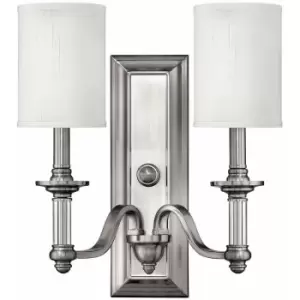 Loops - Twin Wall Light Clear Glass Column White Fabric Shade Brushed Nickel LED E14 60W