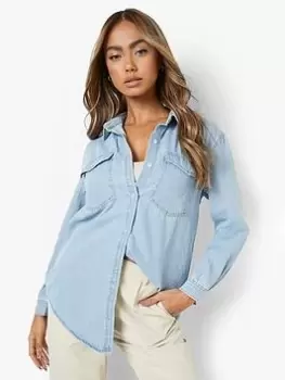 Boohoo Oversized Denim Shirt - Blue Size 12, Women