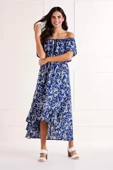 Blue Ditsy Print Bardot Dipped Hem Dress