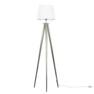 Nero Brushed Chrome Tripod Floor Lamp with White Aspen Shade