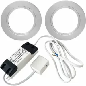 Loops - 2x brushed nickel Round Flush Under Cabinet Kitchen Light & Driver Kit - Warm White led