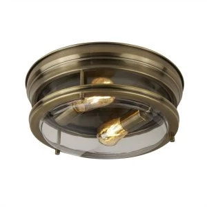 2 Light Bathroom Flush Ceiling Light Antique Brass IP44, E27