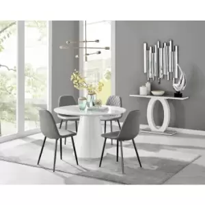 Furniturebox Palma White High Gloss 4 Seat Minimalist Post Modern Round Dining Table & 4 Grey Corona Faux Leather Dining Chairs with Black Legs