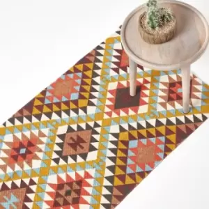 Oslo Orange, Brown and Yellow Multi Coloured 100% Cotton Diamond Pattern Rug, 66 x 200cm - Multi Colour - Homescapes