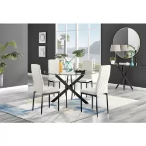 Furniturebox UK - Furniturebox Novara Black Leg 120cm Round Glass Dining Table & 4 Cream Milan Velvet Dining Chairs With Black Legs Diamond Stitch