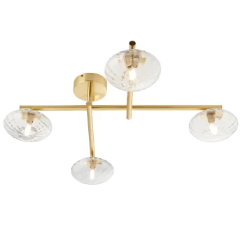 Oristano Bathroom 4 Light Ceiling Semi Flush Satin Brass Plate & Clear Ribbed Glass IP44