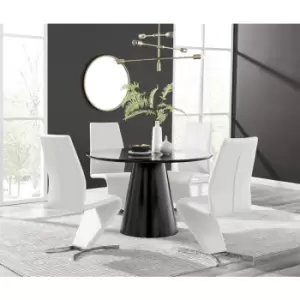 Furniturebox Palma Black Semi Gloss 120cm Round Minimalist Dining Table & 4 White Willow Chairs