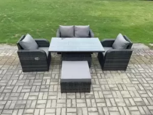 Fimous 4 Seater Outdoor Dark Grey Rattan Lounge Complete Sofa Set with Regular Adjustable Dining Table and Big Footstool