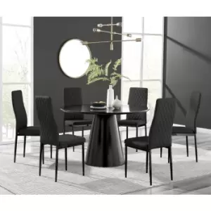 Furniturebox Palma Black Semi Gloss 120cm Round Minimalist Dining Table & 6 Black Milan Black Leg Chairs