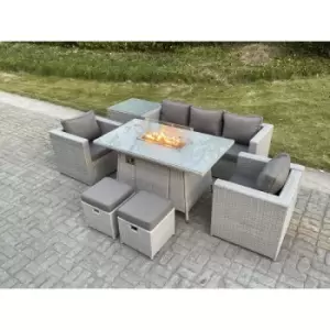 Fimous 5 Seater Light Grey Outdoor Rattan Gas Fire Pit Lounge Dining Sofa Complete Set with Side Table and 2 Stools