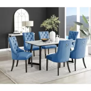 Furniturebox UK - Furniturebox Carson White Marble Effect Rectangular 160cm Dining Table & 6 Blue Belgravia Black Leg Velvet Chairs