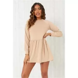 I Saw It First Stone Sweat Long Sleeve Smock Dress - Brown