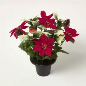 Homescapes - Artificial Poinsettia, Holly and Robin Grave Vase - Green and red