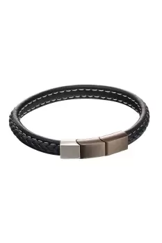 Woven Detail Navy Leather Bracelet with Mixed Brushed Finish 23cm