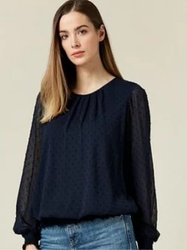 Wallis Dobby Plain Spot Blouse - Navy Blue, Navy Blue, Size 10, Women