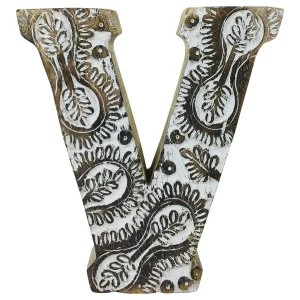 Letter V Hand Carved Wooden White Flower