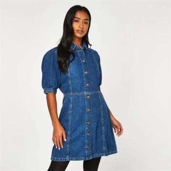 Jack Wills Meads Puff Sleeve Mini Denim Dress - Mid Indigo