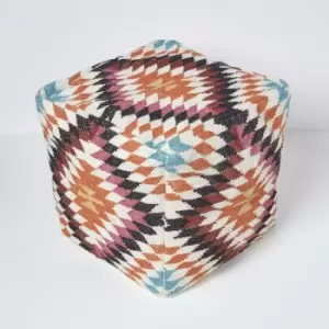 Homescapes - Manila Orange and Pink Kilim Footstool Handwoven Beanbag Pouffe 43 x 43cm - Pink & Orange