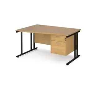 Office Desk Left Hand Wave Desk 1400mm With Pedestal Oak Top With Black Frame Maestro 25 MC14WLP2KO