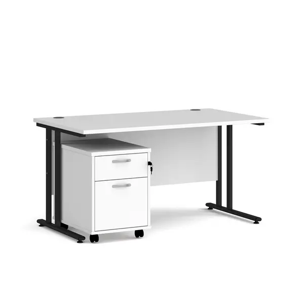 Maestro 25 Straight Desk with Black Cantilever Frame and 2 Drawer Pedestal - White - 1400mm x 800mm