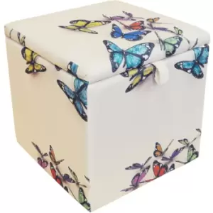 Watsons - butterfly - Square Storage Ottoman Stool / Blanket Box Cube - Cream / Multi - Cream / Multi-coloured