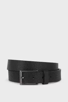 Mens Slim Fit Black Leather Grid Textured Belt