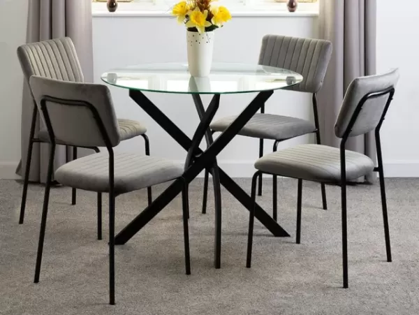 Seconique Sheldon Glass and Black Dining Table and 4 Grey Velvet Chairs