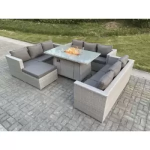 Fimous 8 Seater Outdoor Light Grey Rattan Lounge Complete Sofa Set U Shape with Gas Fire Pit and Big Footstool