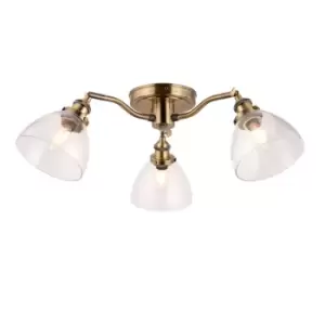 Hansen Multi Arm Glass Semi Flush Ceiling Lamp, Antique Brass Plate, Glass