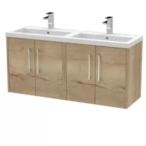 Hudson Reed Juno 1200mm Wall Hung 4 Door Vanity & Double Polymarble Basin - Autumn Oak