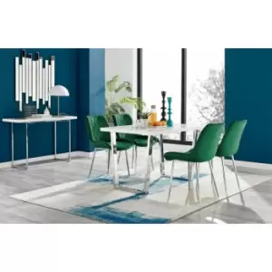 Kylo White High Gloss Dining Table & 4 Green Pesaro Silver Chairs - Green