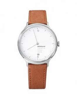 Mondaine Mondaine Swiss Made Helvetica No1 Light White Sapphire Glass Date Dial Brushed Stainless Steel 38Mm Case Tan Leather Strap Watch