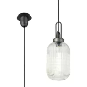 Luminosa 1 Light Pendant E27 20cm Tubular Ribbed Glass, Clear Black, Aged Pewter