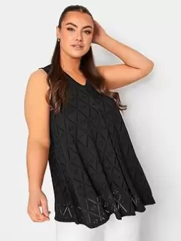 Yours Broderie Pleat Vest, Black, Size 14, Women