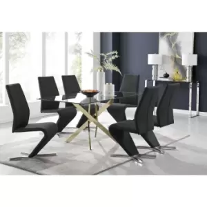 Furniturebox Leonardo 150cm Modern Glass And Gold Metal Dining Leg Table And 6 Black Willow Faux Leather Silver Chrome Feet Dining Chairs