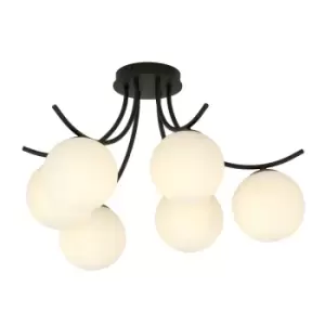 Boston Black Multi Arm Globe Ceiling Light with White Glass Shades, 6x E14