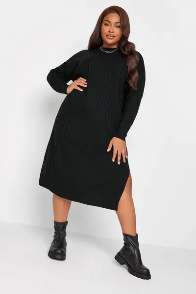 Yours Ribbed Midi Jumper Dress Black