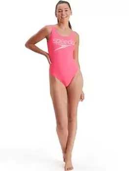 Speedo Logo Deep U-Back Swimsuit, Pink, Size 30, Women