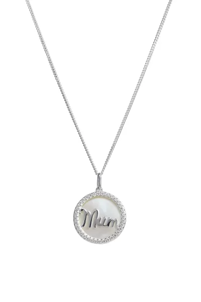 Sterling Silver Mother of Pearl & CZ MUM Pendant Necklace