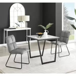 Furniturebox Carson White Marble Effect Square Dining Table & 2 Dark Grey Menen Velvet Chairs