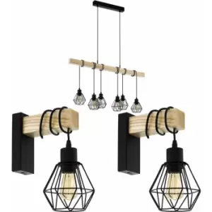 Multi Bulb Ceiling Pendant Light & 2x Matching Wall Lights Black Cage & Wood