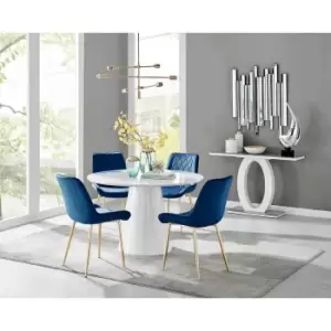 Furniture Box Palma White High Gloss Round Dining Table and 4 Navy Pesaro Gold Leg Chairs