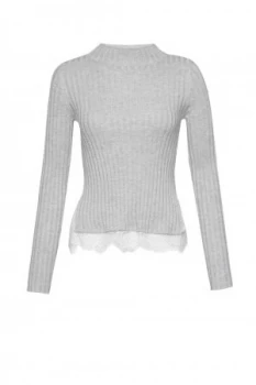 French Connection Nicola Knits Lace High Neck Jumper Light Grey