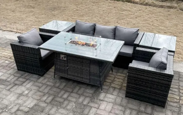 Fimous 5 Seater Outdoor Dark Grey Rattan Lounge Complete Sofa Set with Gas Firepit and 2 Coffee Tables