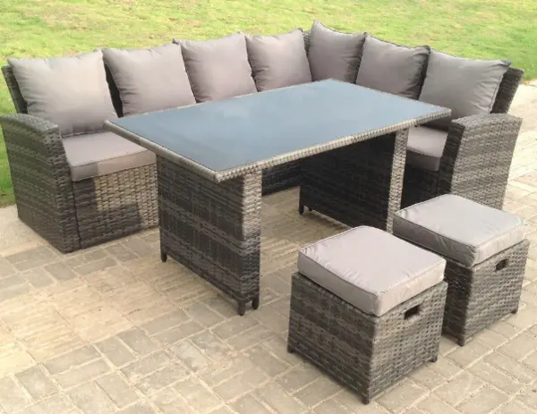 Fimous 6 Seater Outdoor Dark Grey Mixed Rattan High Back Lounge Complete Sofa Set with Corner Sofa and 2 Stools