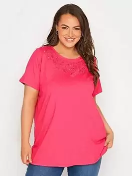 Yours Broderie Anglaise Neckline T-Shirt - Hot Pink, Size 18, Women